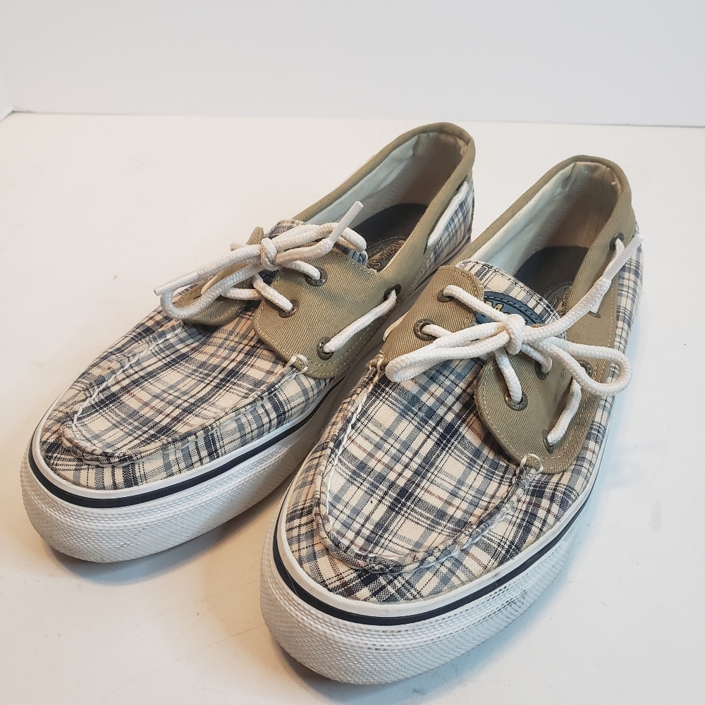 Maui Surf Company blue tan beige khaki plaid boat shoes mens size 10m